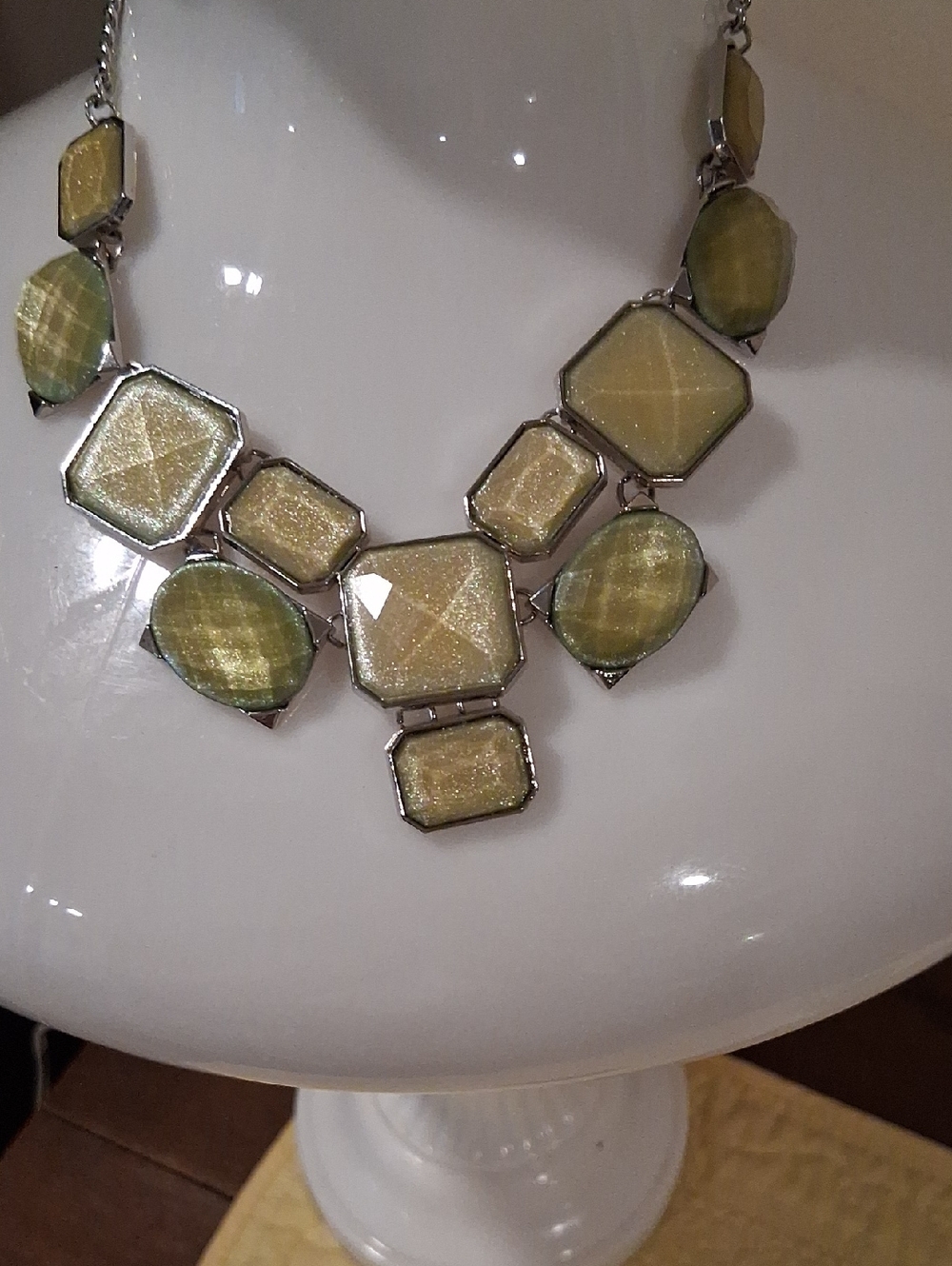 New York & Company Faceted Pale Green and Silver Geometric Necklace